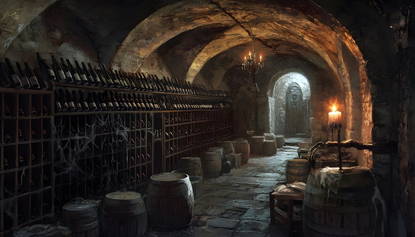 Historyczna piwnica winna z drewnianymi beczkami, typowa dla dawnych tradycji winiarskich